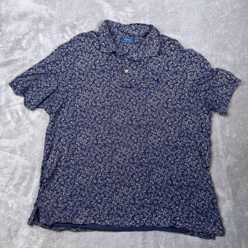 Polo Ralph Lauren Polo Shirt Mens XL Blue Floral All Over Print Pony Logo Casual